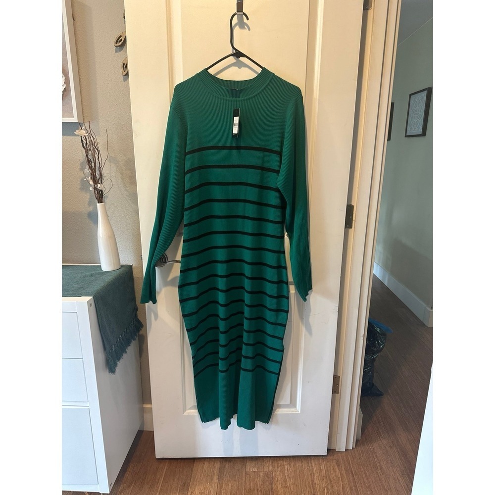 City Chic Maddie Green Black Striped Ribbed Knit Midi Sweater Dress Size L 20 - Picture 8 of 8